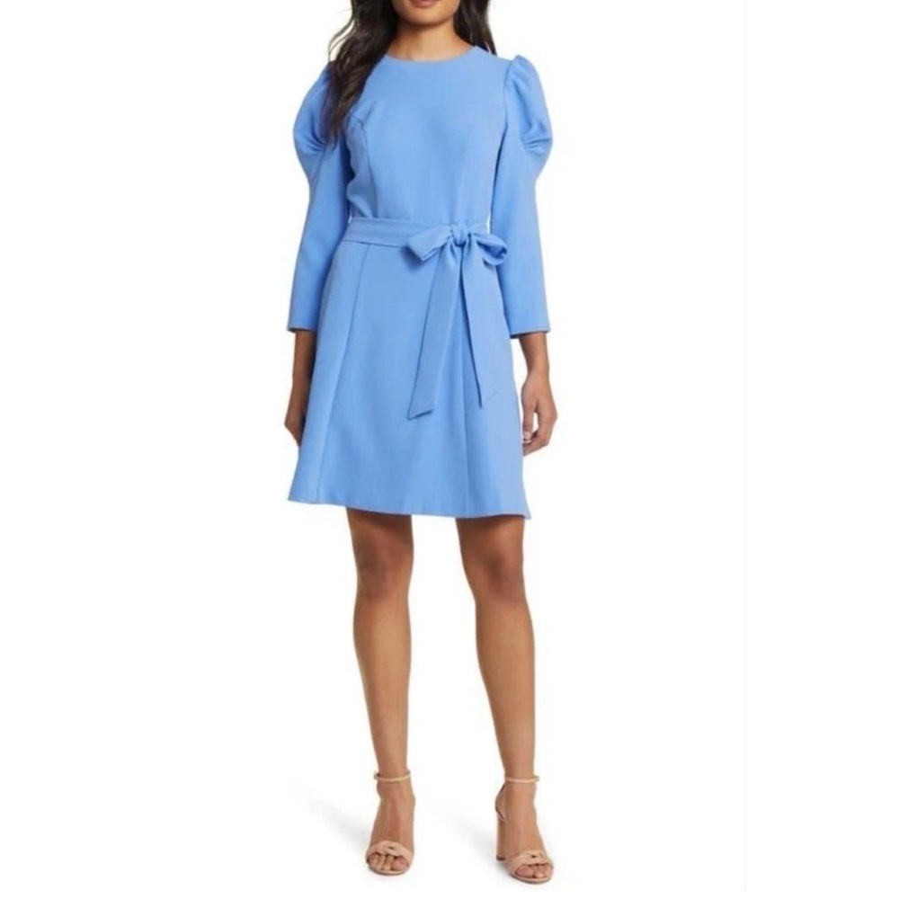 ELIZA J Aline Tie Waist Belt Dress Puff Sleeve in Periwinkle Blue Size 12 NEW